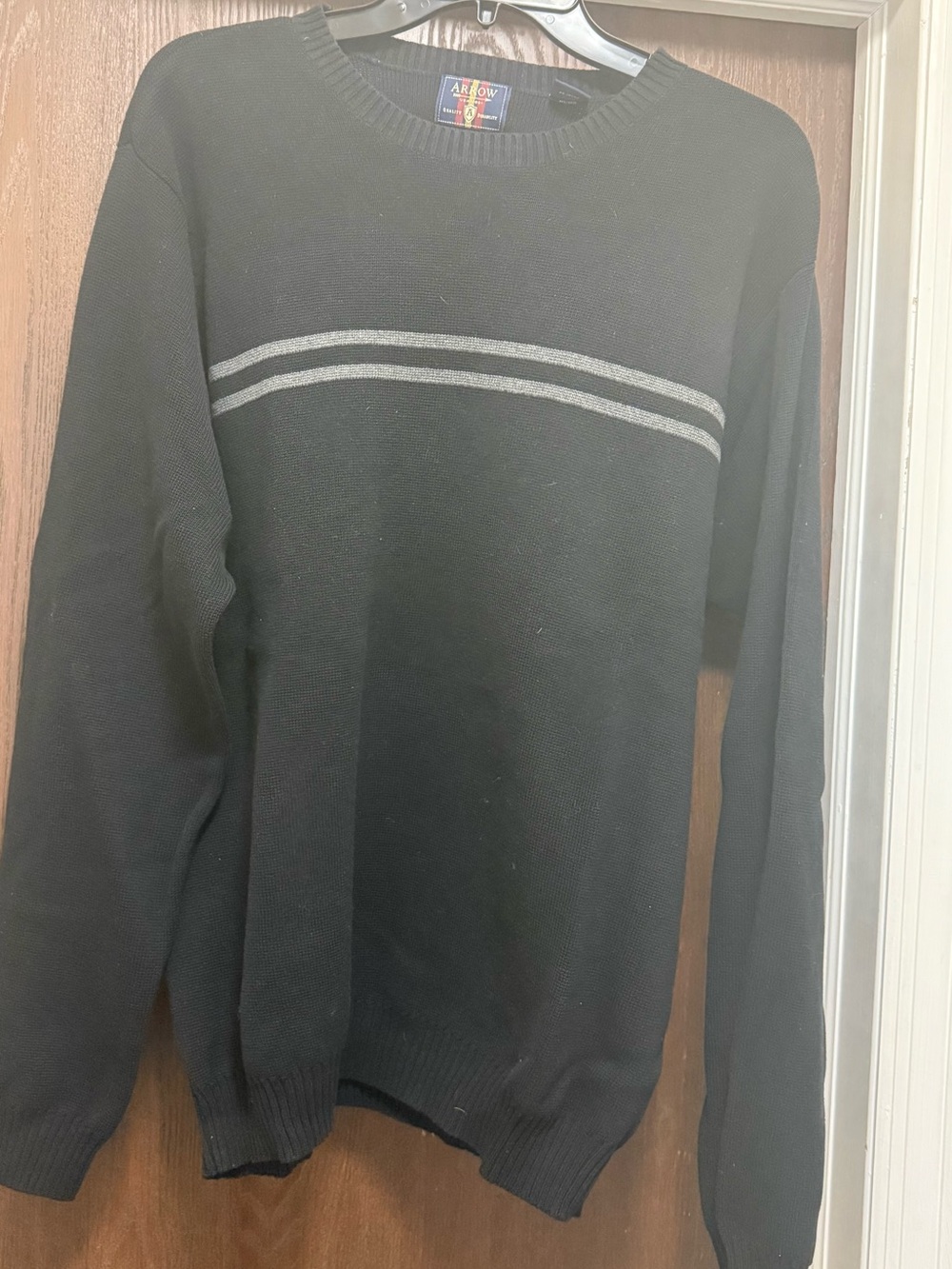 Arrow Men’s Black Crewneck Sweater with Gray Double Chest Stripes